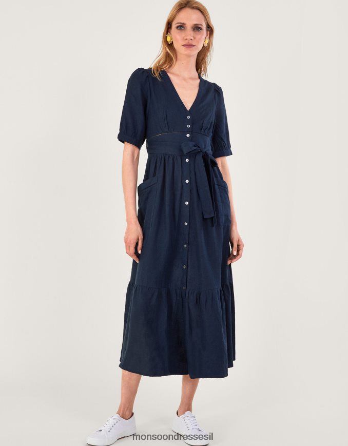 הַלבָּשָׁה Monsoon שמלה מדורגת בפרטי גזרה בתערובת פשתן כחול (צי) נשים HTJ0TZ420