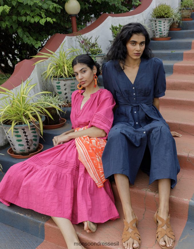 הַלבָּשָׁה Monsoon שמלה מדורגת בפרטי גזרה בתערובת פשתן כחול (צי) נשים HTJ0TZ420