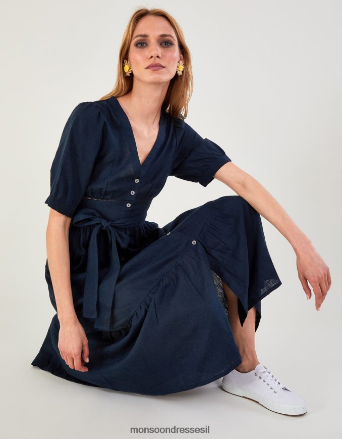 הַלבָּשָׁה Monsoon שמלה מדורגת בפרטי גזרה בתערובת פשתן כחול (צי) נשים HTJ0TZ420