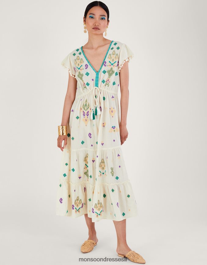 הַלבָּשָׁה Monsoon שמלת מקסי רקומה עם שרוולים מתנפנפים לבן נשים HTJ0TZ429