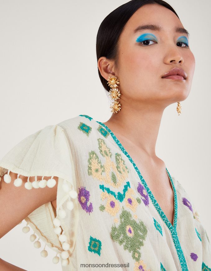 הַלבָּשָׁה Monsoon שמלת מקסי רקומה עם שרוולים מתנפנפים לבן נשים HTJ0TZ429