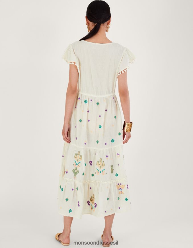 הַלבָּשָׁה Monsoon שמלת מקסי רקומה עם שרוולים מתנפנפים לבן נשים HTJ0TZ429