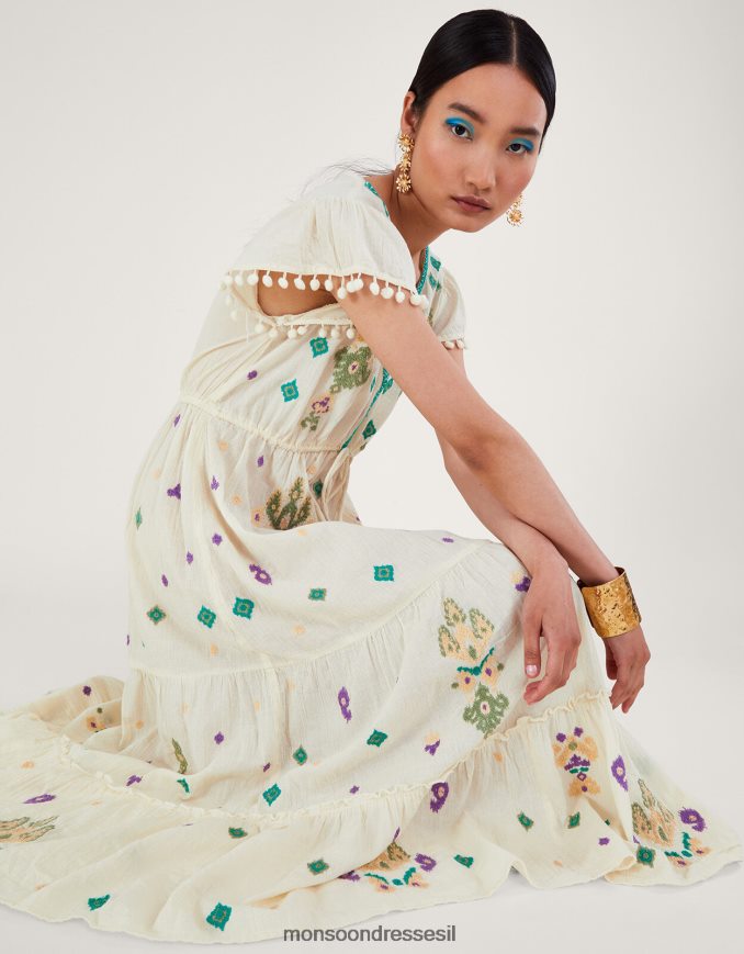 הַלבָּשָׁה Monsoon שמלת מקסי רקומה עם שרוולים מתנפנפים לבן נשים HTJ0TZ429