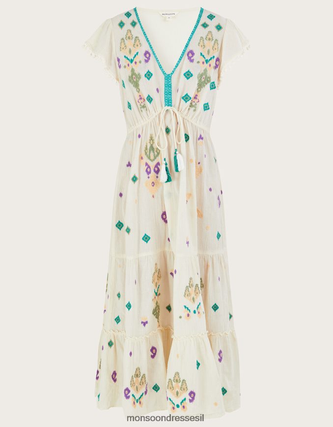 הַלבָּשָׁה Monsoon שמלת מקסי רקומה עם שרוולים מתנפנפים לבן נשים HTJ0TZ429