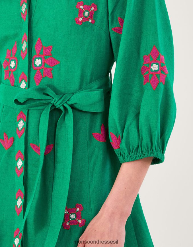 הַלבָּשָׁה Monsoon שמלת חולצה רקומה בתערובת פשתן ירוק נשים HTJ0TZ432