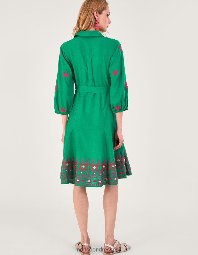 הַלבָּשָׁה Monsoon שמלת חולצה רקומה בתערובת פשתן ירוק נשים HTJ0TZ432