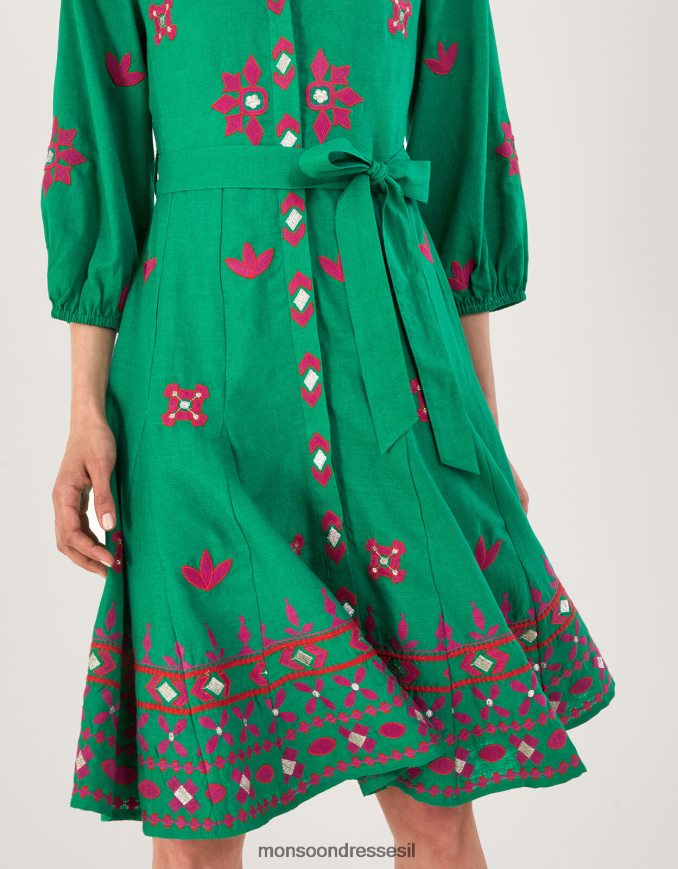 הַלבָּשָׁה Monsoon שמלת חולצה רקומה בתערובת פשתן ירוק נשים HTJ0TZ432