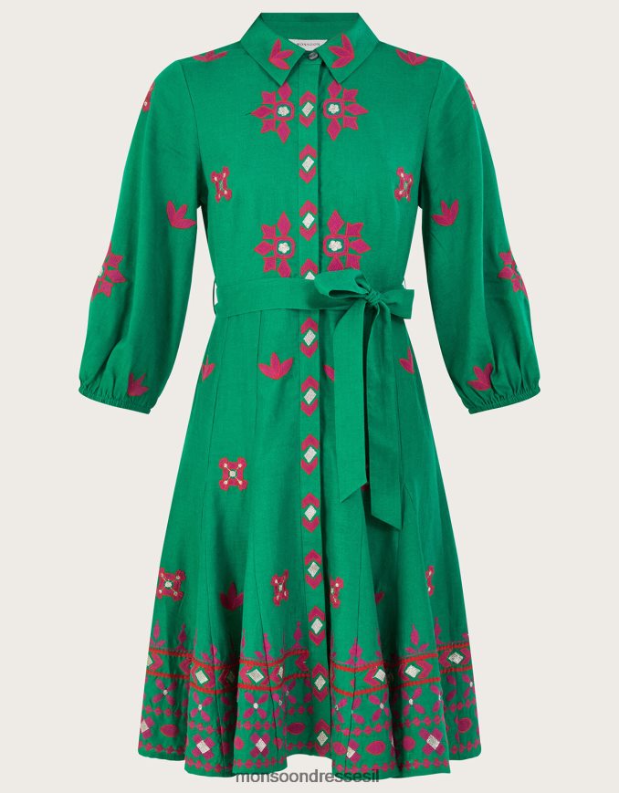 הַלבָּשָׁה Monsoon שמלת חולצה רקומה בתערובת פשתן ירוק נשים HTJ0TZ432