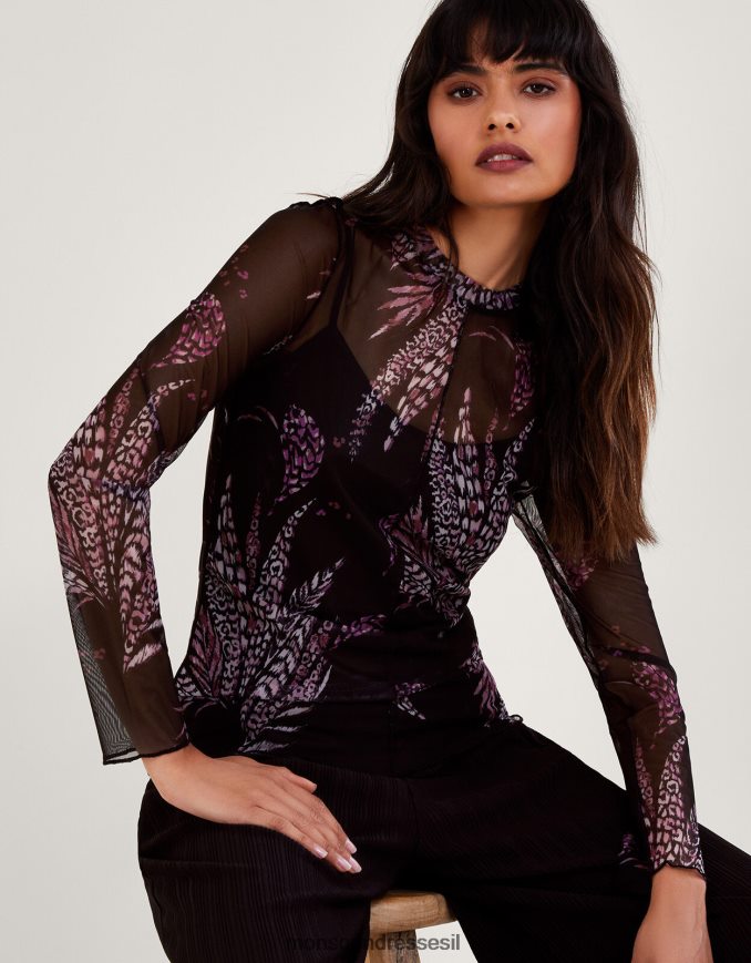 הַלבָּשָׁה Monsoon עליונית רשת הדפסה שָׁחוֹר נשים HTJ0TZ45