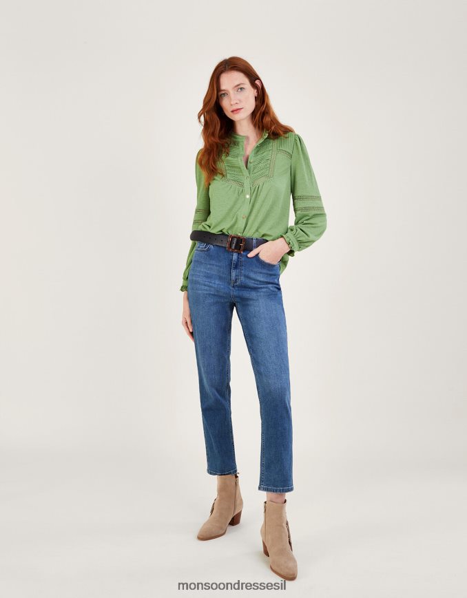 הַלבָּשָׁה Monsoon כפתור הכנסת תחרה דרך חולצת ג'רסי ירוק נשים HTJ0TZ450