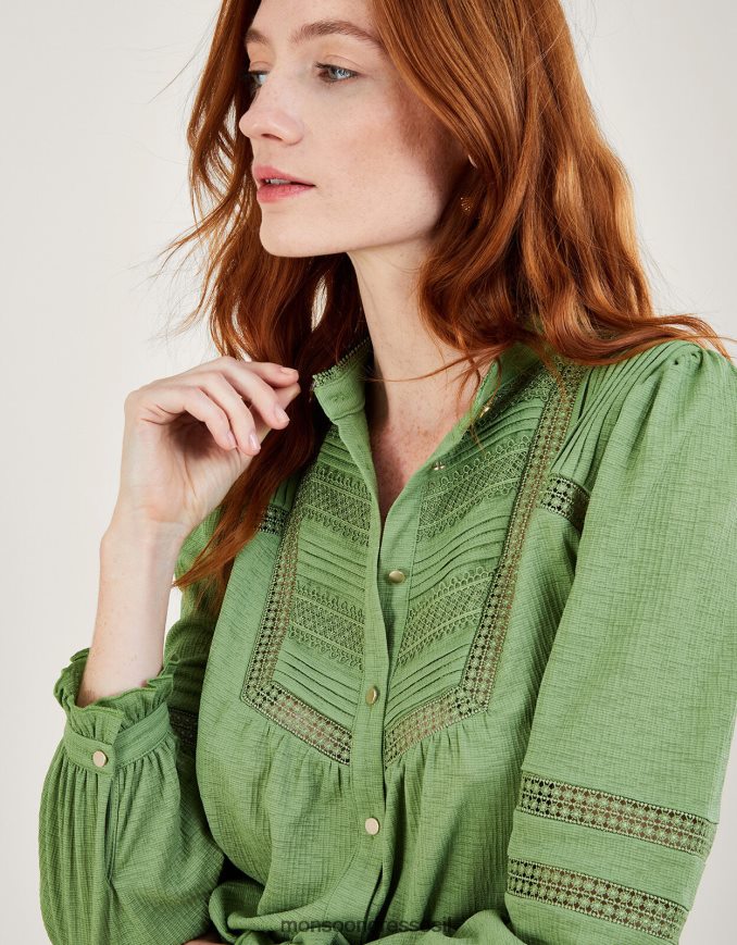 הַלבָּשָׁה Monsoon כפתור הכנסת תחרה דרך חולצת ג'רסי ירוק נשים HTJ0TZ450