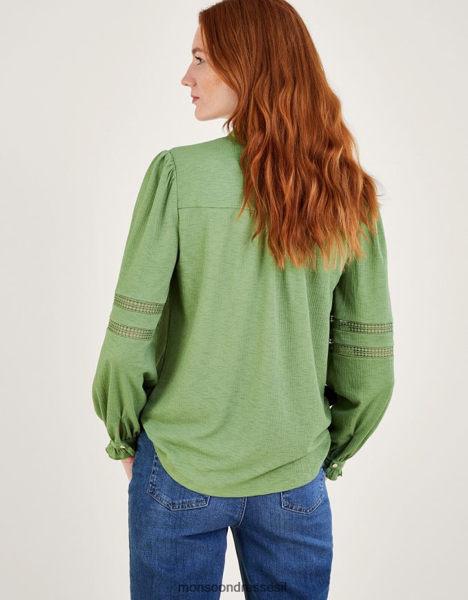 הַלבָּשָׁה Monsoon כפתור הכנסת תחרה דרך חולצת ג'רסי ירוק נשים HTJ0TZ450