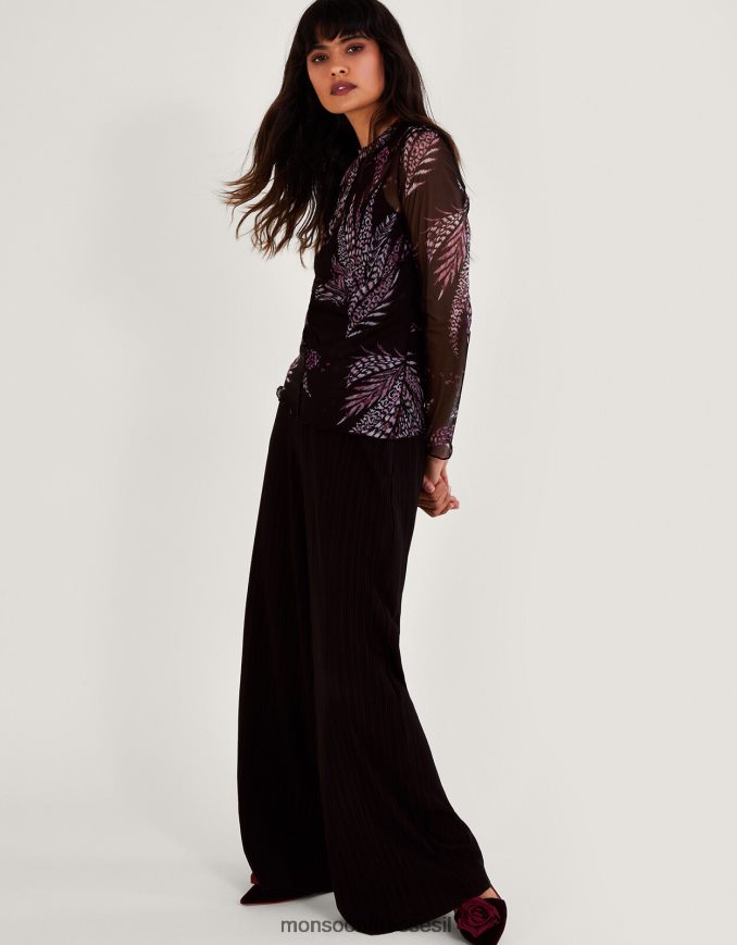 הַלבָּשָׁה Monsoon עליונית רשת הדפסה שָׁחוֹר נשים HTJ0TZ45