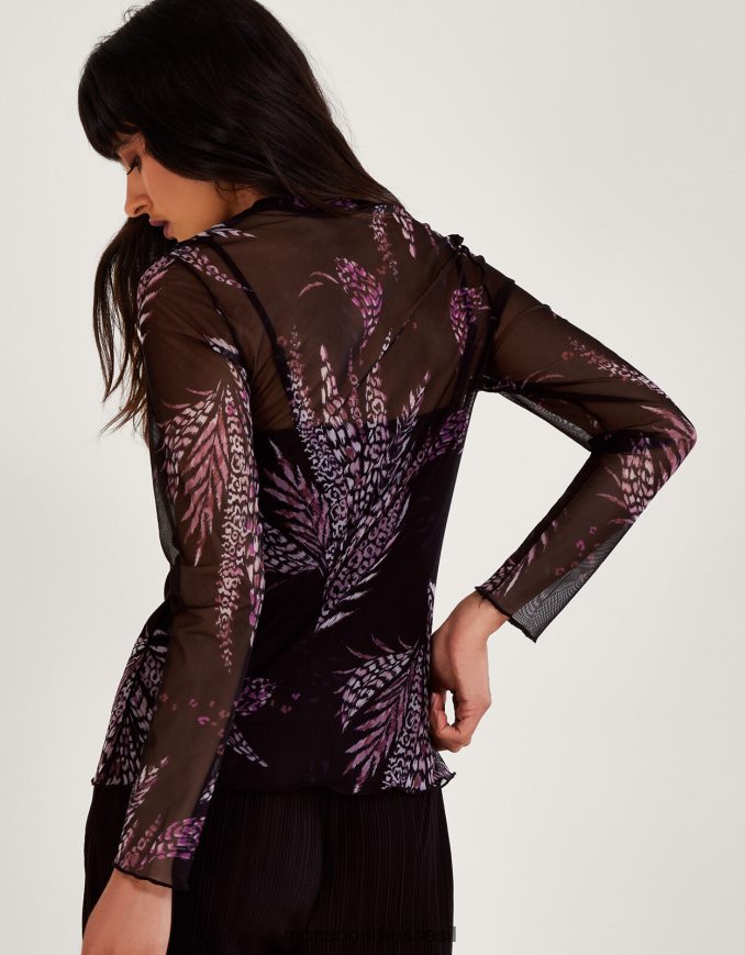 הַלבָּשָׁה Monsoon עליונית רשת הדפסה שָׁחוֹר נשים HTJ0TZ45