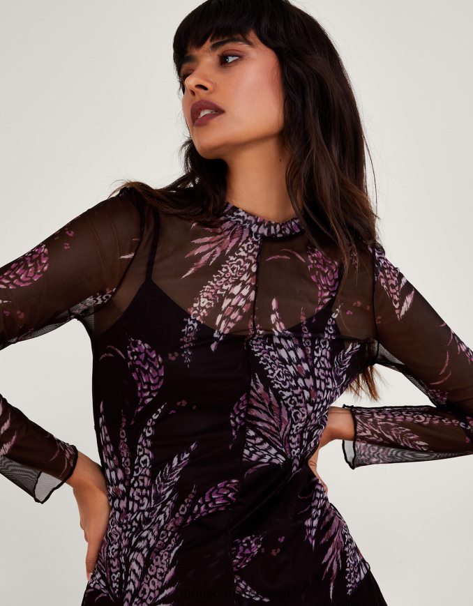 הַלבָּשָׁה Monsoon עליונית רשת הדפסה שָׁחוֹר נשים HTJ0TZ45