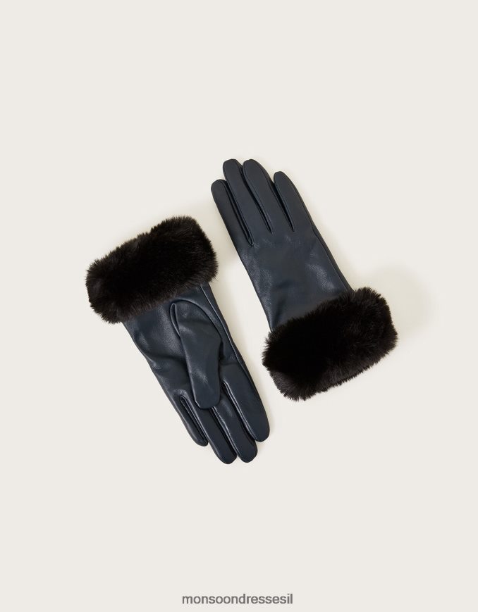 אבזר Monsoon כפפות עור עם עיטור פרווה ירוק כחלחל נשים HTJ0TZ461