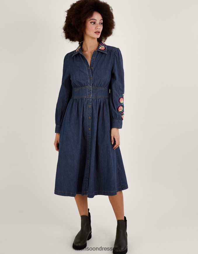 הַלבָּשָׁה Monsoon שמלת חולצת מידי ג'ינס רקומה כחול (כחול ג'ינס) נשים HTJ0TZ475