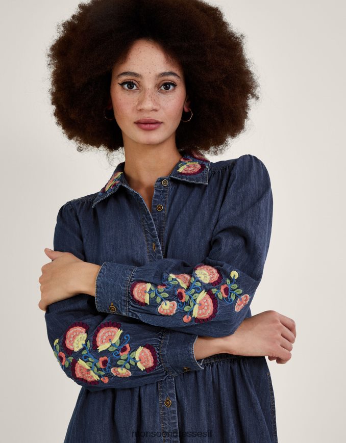 הַלבָּשָׁה Monsoon שמלת חולצת מידי ג'ינס רקומה כחול (כחול ג'ינס) נשים HTJ0TZ475