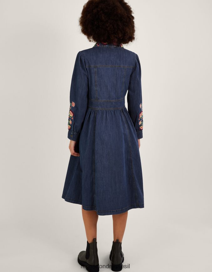 הַלבָּשָׁה Monsoon שמלת חולצת מידי ג'ינס רקומה כחול (כחול ג'ינס) נשים HTJ0TZ475