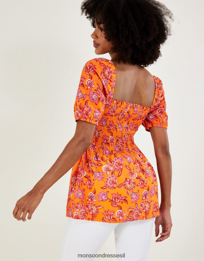 הַלבָּשָׁה Monsoon חלק עליון מחוך עם הדפס פרחים מכותנה בת קיימא תפוז נשים HTJ0TZ480