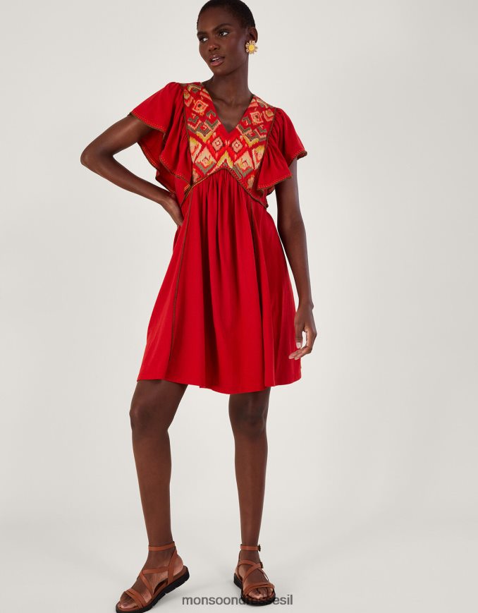 הַלבָּשָׁה Monsoon שמלת ג'רסי עם שרוולים רקומים אָדוֹם נשים HTJ0TZ485