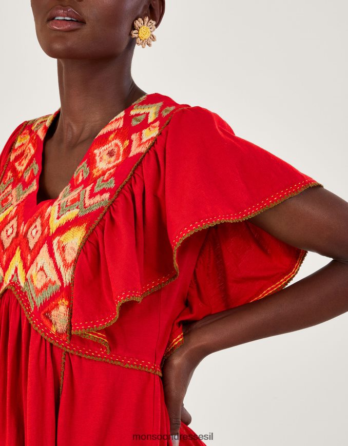 הַלבָּשָׁה Monsoon שמלת ג'רסי עם שרוולים רקומים אָדוֹם נשים HTJ0TZ485