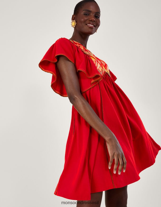 הַלבָּשָׁה Monsoon שמלת ג'רסי עם שרוולים רקומים אָדוֹם נשים HTJ0TZ485