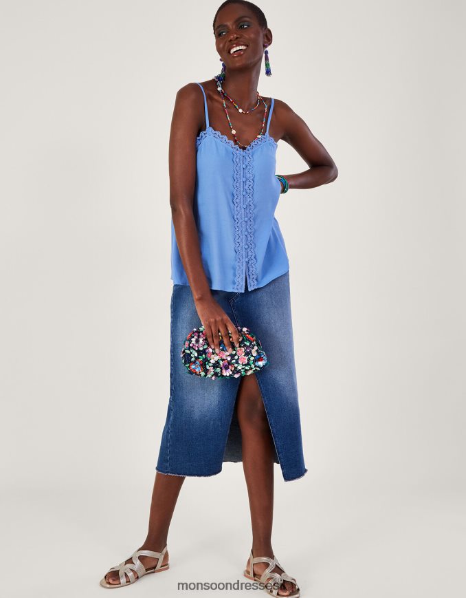 הַלבָּשָׁה Monsoon טופ קמי עם כפתור תחרה של ליילה כְּחוֹל נשים HTJ0TZ486