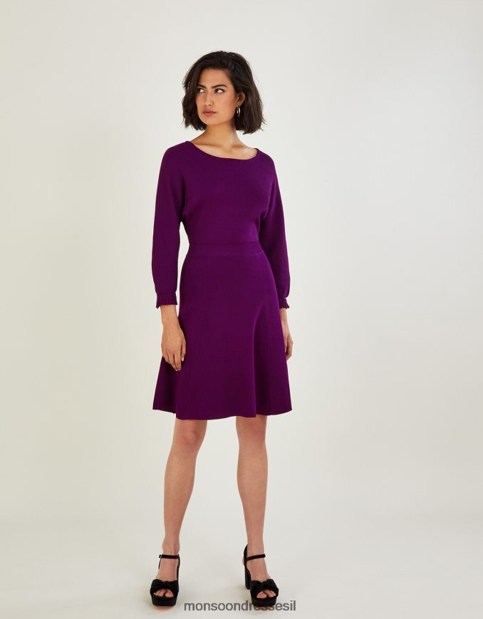 הַלבָּשָׁה Monsoon שמלת סריגה קצרה עם שרוול קפלים סגול (שזיף) נשים HTJ0TZ499