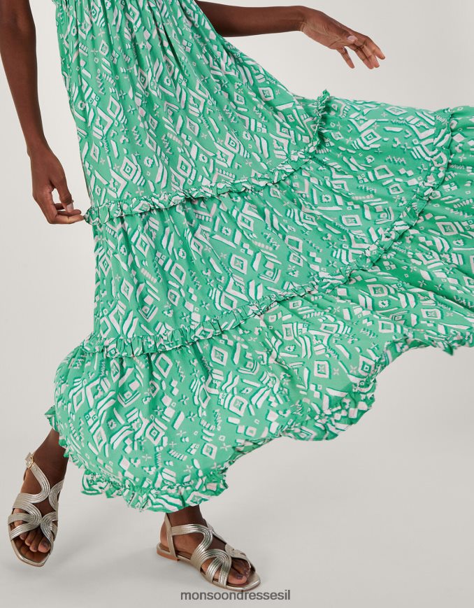 הַלבָּשָׁה Monsoon שמלת מקסי ברדו בהדפס ג'יג'י בוויסקוזה בר קיימא ירוק נשים HTJ0TZ49