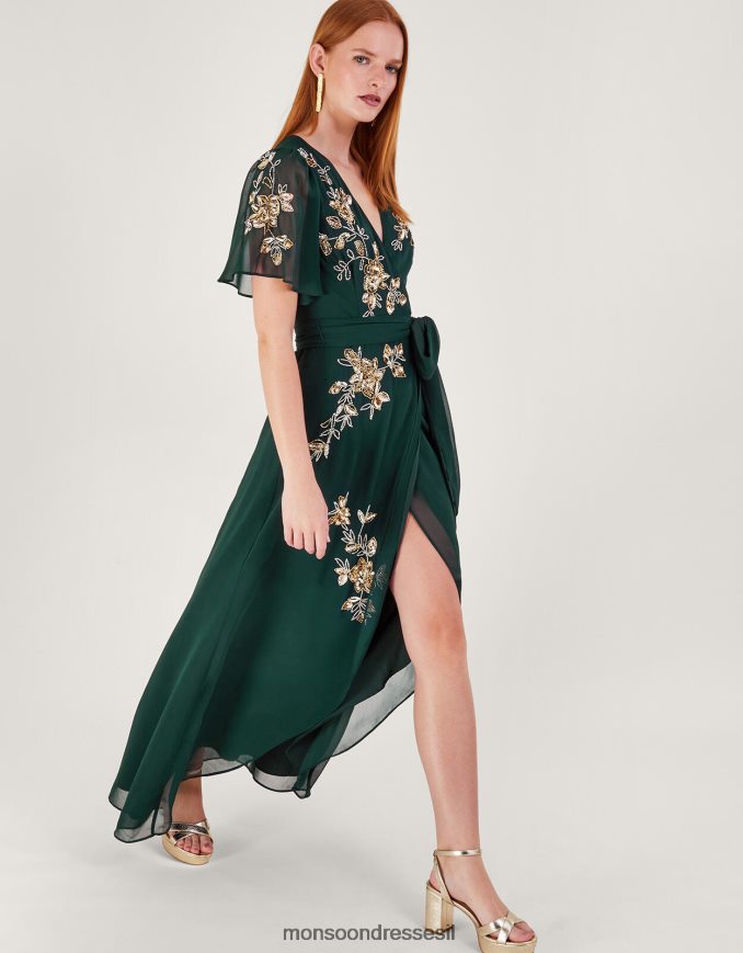 הַלבָּשָׁה Monsoon שמלת מעטפת מקושטת של שרה בפוליאסטר ממוחזר ירוק נשים HTJ0TZ5