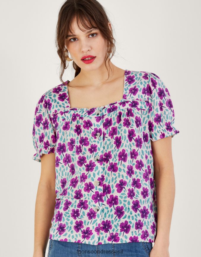 הַלבָּשָׁה Monsoon טופ פשתן עם צווארון מרובע עם שרוולים קצרים לבן נשים HTJ0TZ500