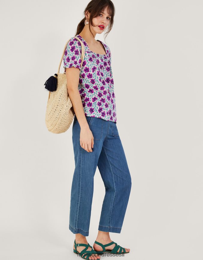 הַלבָּשָׁה Monsoon טופ פשתן עם צווארון מרובע עם שרוולים קצרים לבן נשים HTJ0TZ500