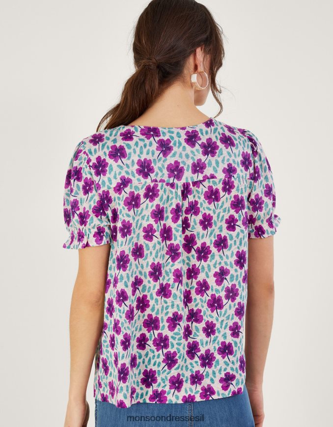 הַלבָּשָׁה Monsoon טופ פשתן עם צווארון מרובע עם שרוולים קצרים לבן נשים HTJ0TZ500