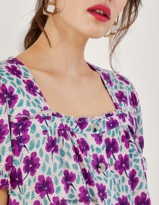 הַלבָּשָׁה Monsoon טופ פשתן עם צווארון מרובע עם שרוולים קצרים לבן נשים HTJ0TZ500