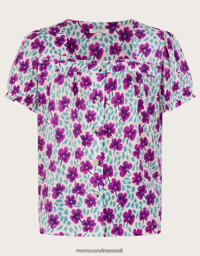 הַלבָּשָׁה Monsoon טופ פשתן עם צווארון מרובע עם שרוולים קצרים לבן נשים HTJ0TZ500