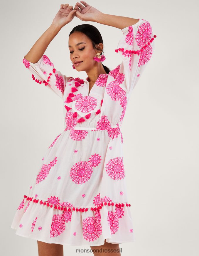 הַלבָּשָׁה Monsoon שמלת קפטן מעוטרת ציצית בהדפס מדליונים לבן נשים HTJ0TZ506