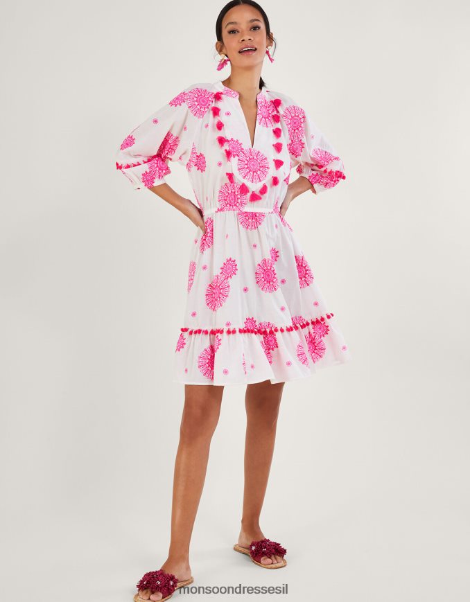 הַלבָּשָׁה Monsoon שמלת קפטן מעוטרת ציצית בהדפס מדליונים לבן נשים HTJ0TZ506