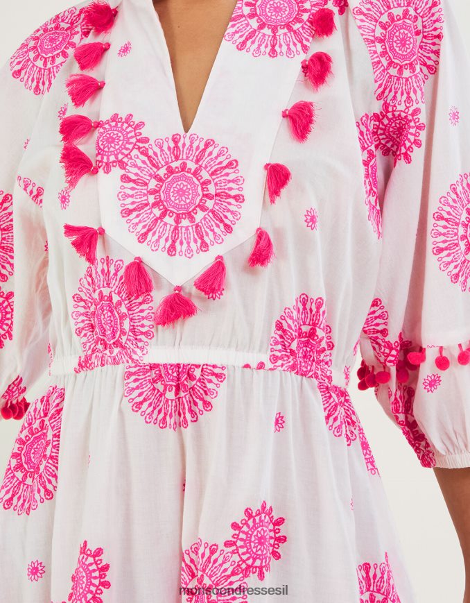 הַלבָּשָׁה Monsoon שמלת קפטן מעוטרת ציצית בהדפס מדליונים לבן נשים HTJ0TZ506