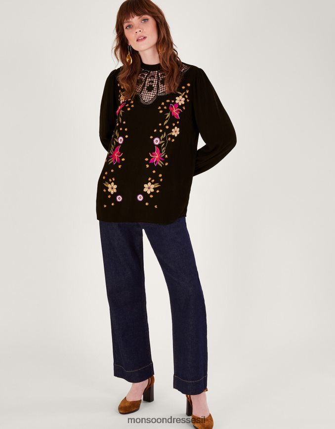 הַלבָּשָׁה Monsoon חלק עליון רקום פרחוני שָׁחוֹר נשים HTJ0TZ514