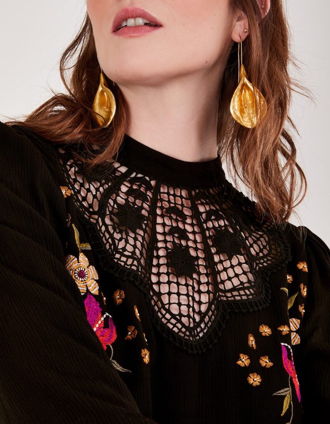 הַלבָּשָׁה Monsoon חלק עליון רקום פרחוני שָׁחוֹר נשים HTJ0TZ514