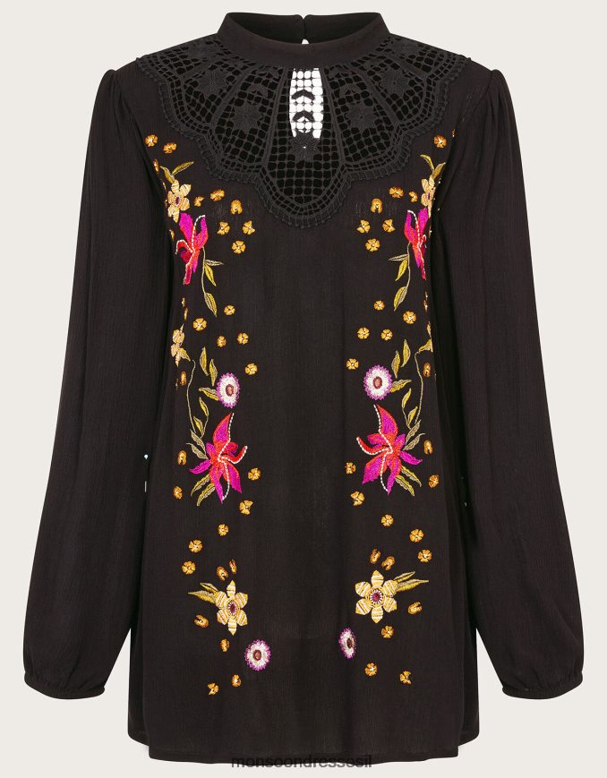 הַלבָּשָׁה Monsoon חלק עליון רקום פרחוני שָׁחוֹר נשים HTJ0TZ514