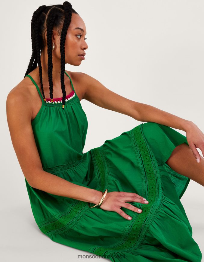 הַלבָּשָׁה Monsoon שמלת מידי בגזרת תחרה רגילה מכותנה בת קיימא ירוק נשים HTJ0TZ516