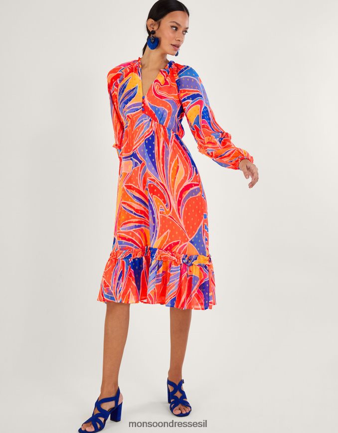 הַלבָּשָׁה Monsoon שמלת קומות בהדפס אריאל בוויסקוזה בת קיימא תפוז נשים HTJ0TZ520