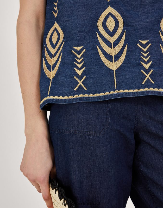 הַלבָּשָׁה Monsoon גופיית ג'ינס צ'מבריי רקומה מנוצת טווס כחול (כחול ג'ינס) נשים HTJ0TZ525