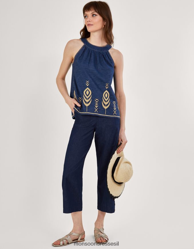 הַלבָּשָׁה Monsoon גופיית ג'ינס צ'מבריי רקומה מנוצת טווס כחול (כחול ג'ינס) נשים HTJ0TZ525