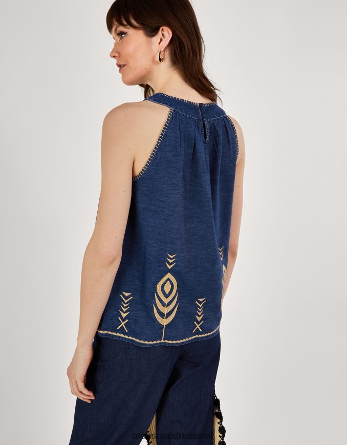 הַלבָּשָׁה Monsoon גופיית ג'ינס צ'מבריי רקומה מנוצת טווס כחול (כחול ג'ינס) נשים HTJ0TZ525