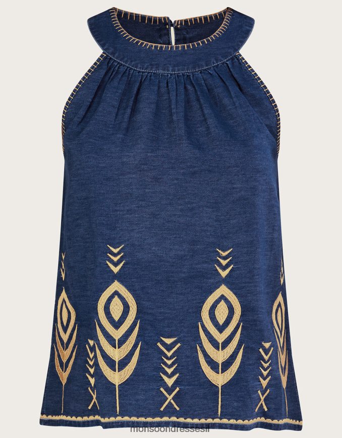 הַלבָּשָׁה Monsoon גופיית ג'ינס צ'מבריי רקומה מנוצת טווס כחול (כחול ג'ינס) נשים HTJ0TZ525