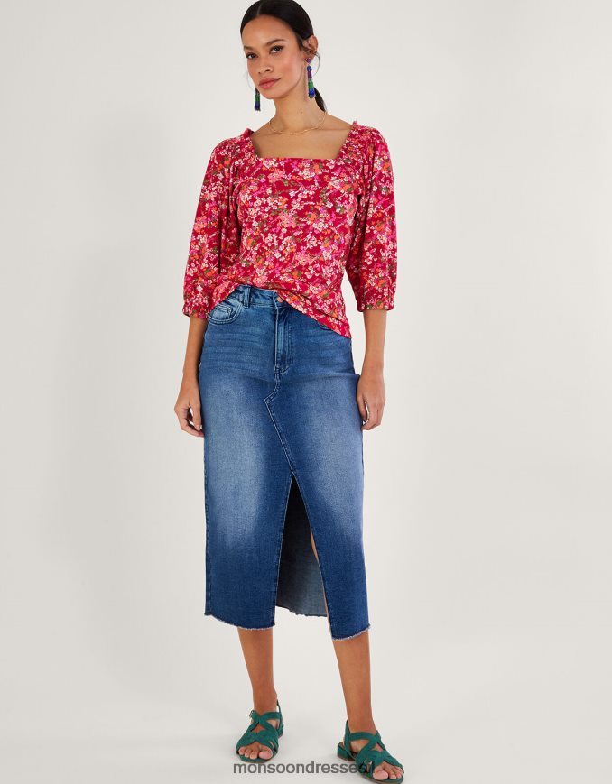 הַלבָּשָׁה Monsoon חלק עליון עם הדפס פרחוני בתערובת פשתן אָדוֹם נשים HTJ0TZ528