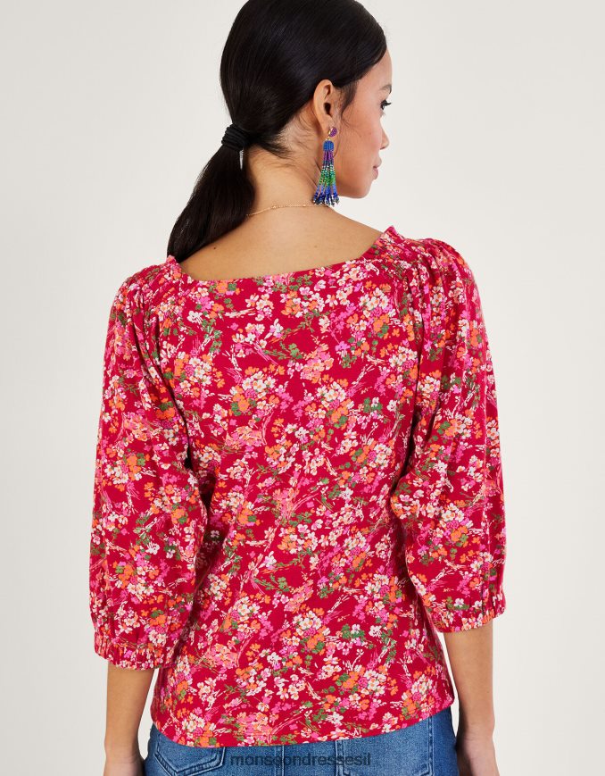 הַלבָּשָׁה Monsoon חלק עליון עם הדפס פרחוני בתערובת פשתן אָדוֹם נשים HTJ0TZ528